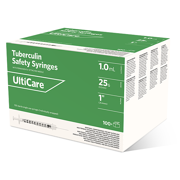 UltiMed Safety Syringe, Fixed Needle, Tuberculin, 1mL, 25G x 1", Box of 100, 25110
