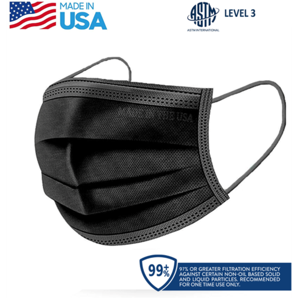 Made in USA, 3-PLY Disposable Face Mask by United Sewing, ASTM Level 3 Performance Proven in Nelson Labs Studies, box of 50, Charcoal Black.
