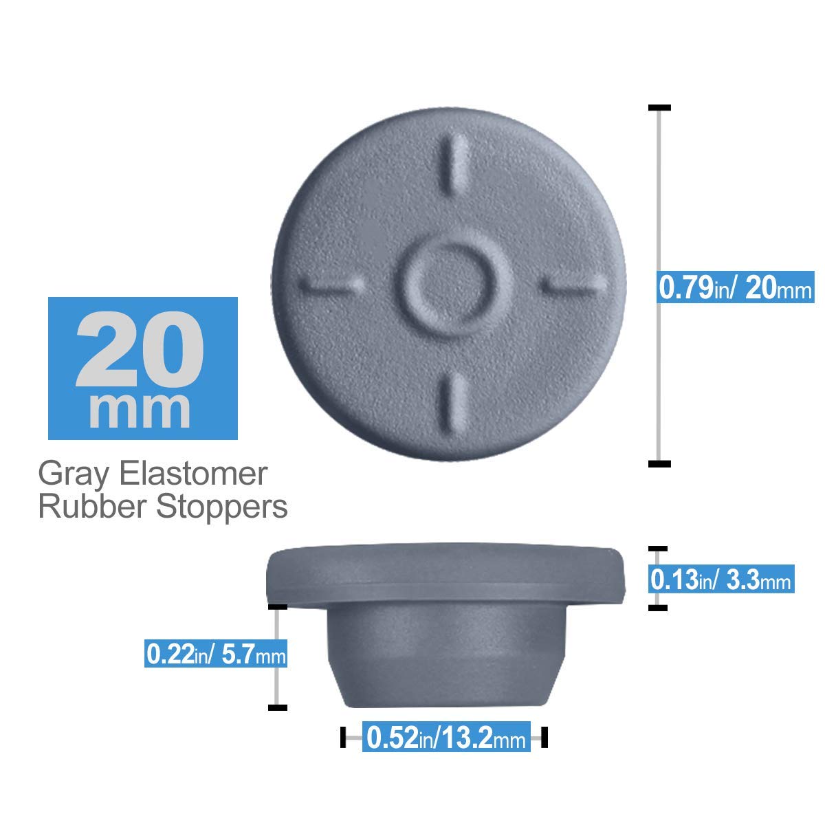 Gray Butyl Rubber Stopper, 20mm, Qty. 100