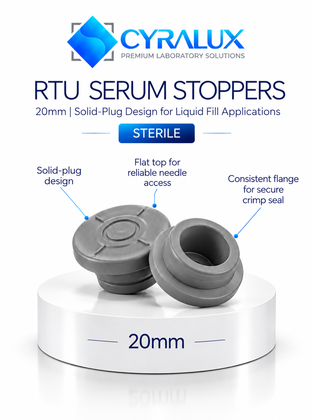 Cyralux 20 mm Sterile RTU Bromobutyl Serum Stoppers, Bag of 100