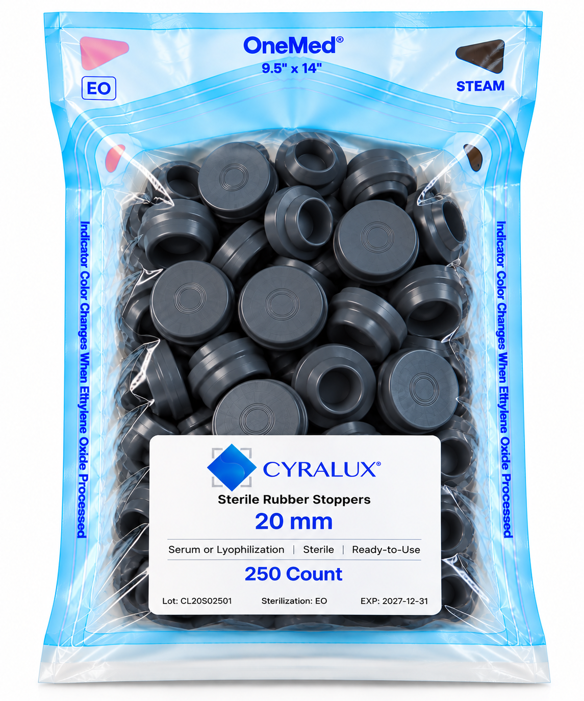 Cyralux™ 20 mm Sterile RTU Serum Stoppers Sealed Bag of 250