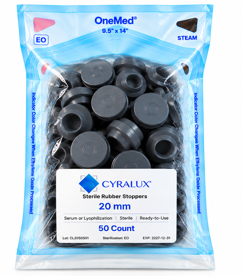 Cyralux 20 mm Sterile RTU Serum Stoppers, Bag of 50