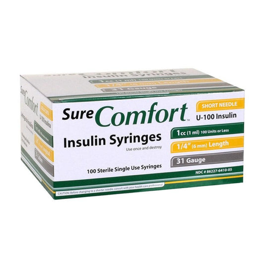 Sure Comfort Diabetic Insulin Syringes, Box of 100: 27g 28g, 29g 30g and 31g