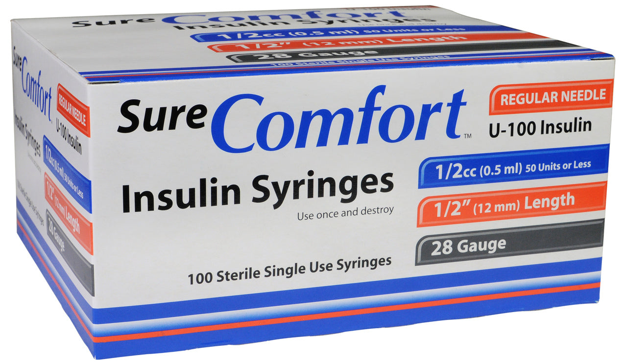 Sure Comfort Diabetic Insulin Syringes, Box of 100: 27g 28g, 29g 30g and 31g