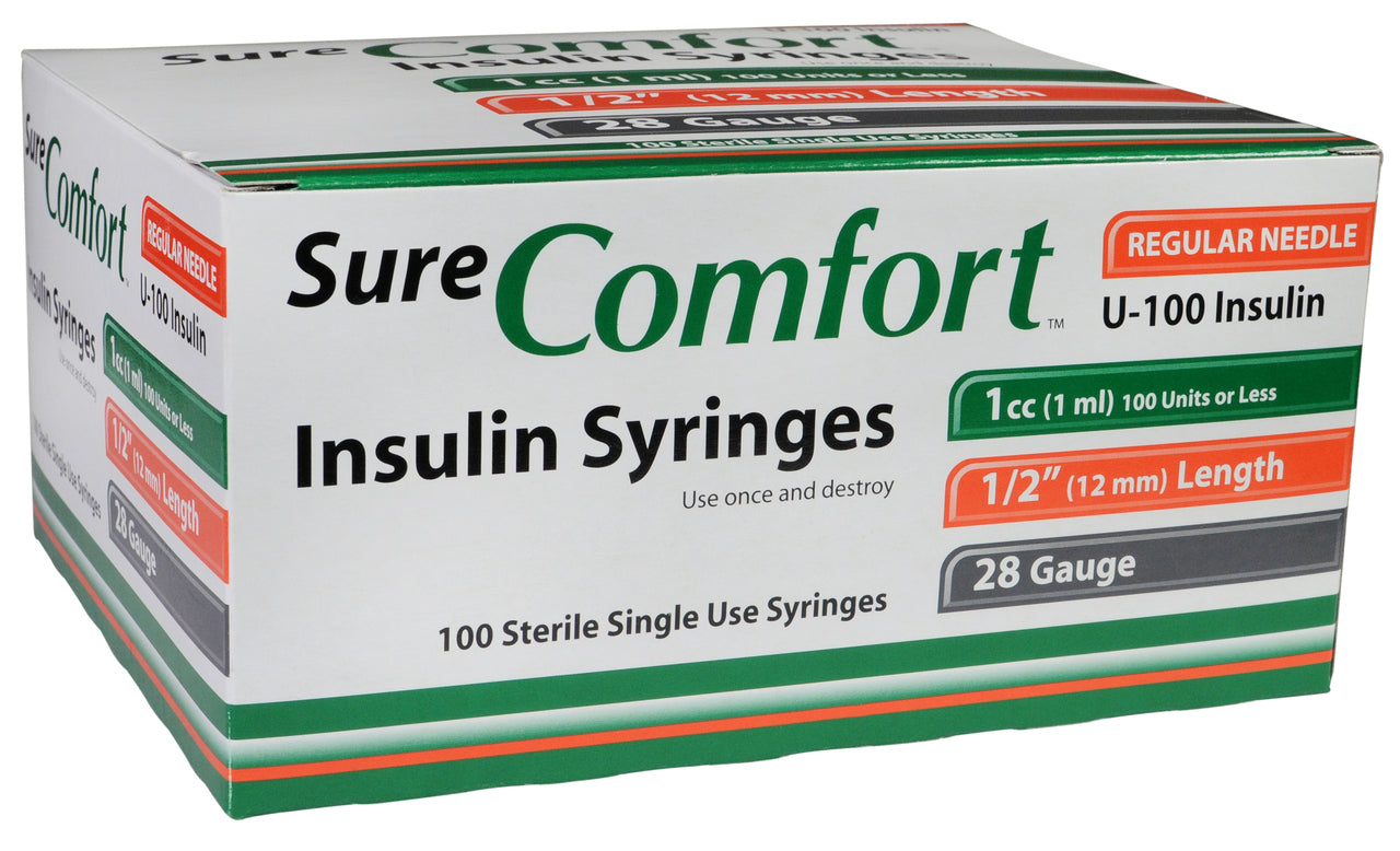 Sure Comfort Diabetic Insulin Syringes, Box of 100: 27g 28g, 29g 30g and 31g
