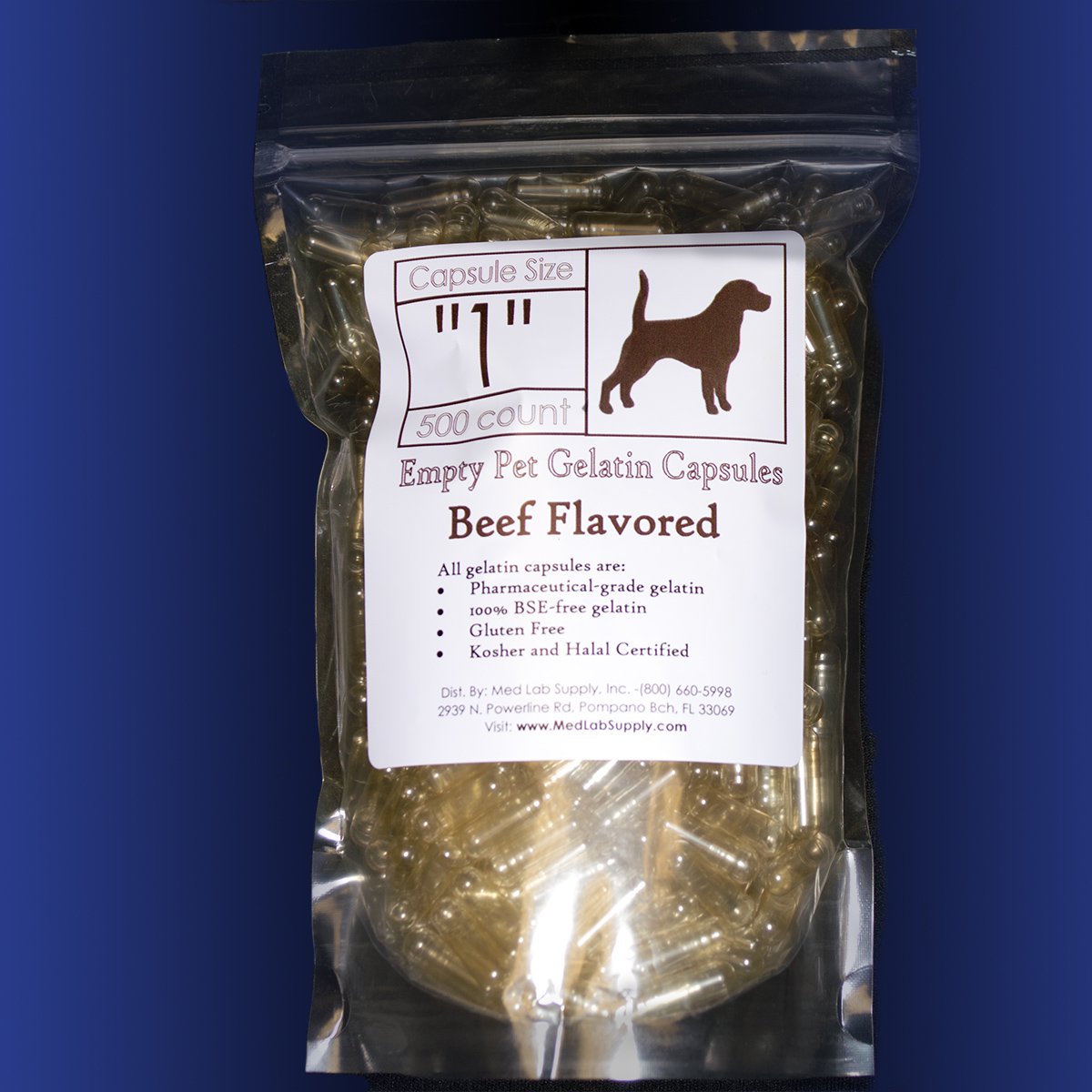 DogCaps Empty Gelatin Capsules, Beef Flavored, Size 1, Resealable Bag of 500