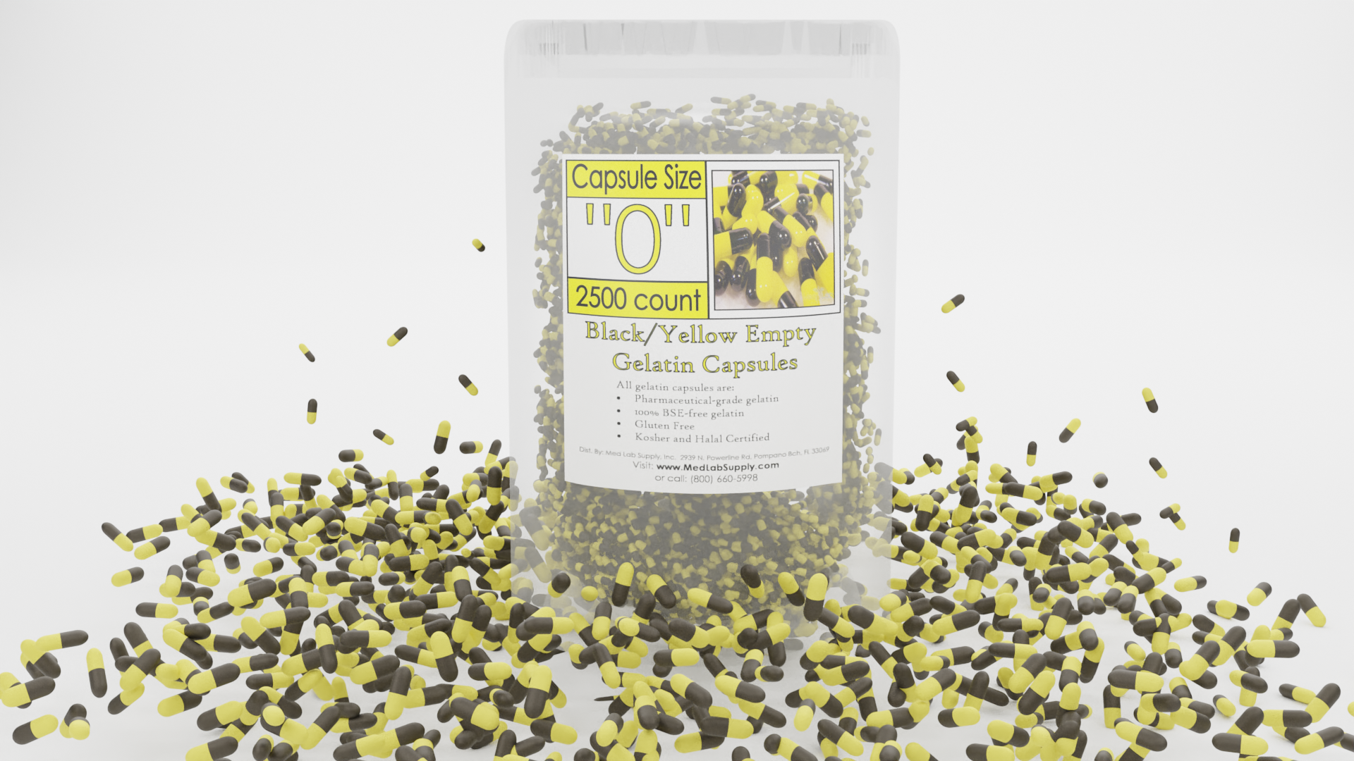 Black/Yellow Capsules Size 0, (Qty. 1500) in Resealable pouch