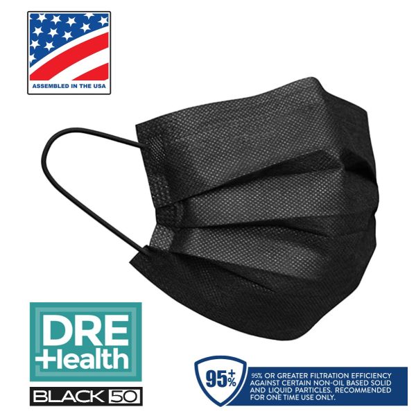 DRE Health Black Disposable 3-Ply Surgical Mask (BFE 95%+), Box of 50