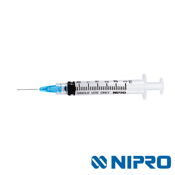 Nipro Luer Lock Syringe with Needle: 3mL x 25g x 5/8, Box of 100