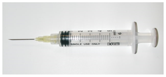 Exel Luer Lock Syringe with Needle: 5cc x 20 gauge with 1 inch length needle.