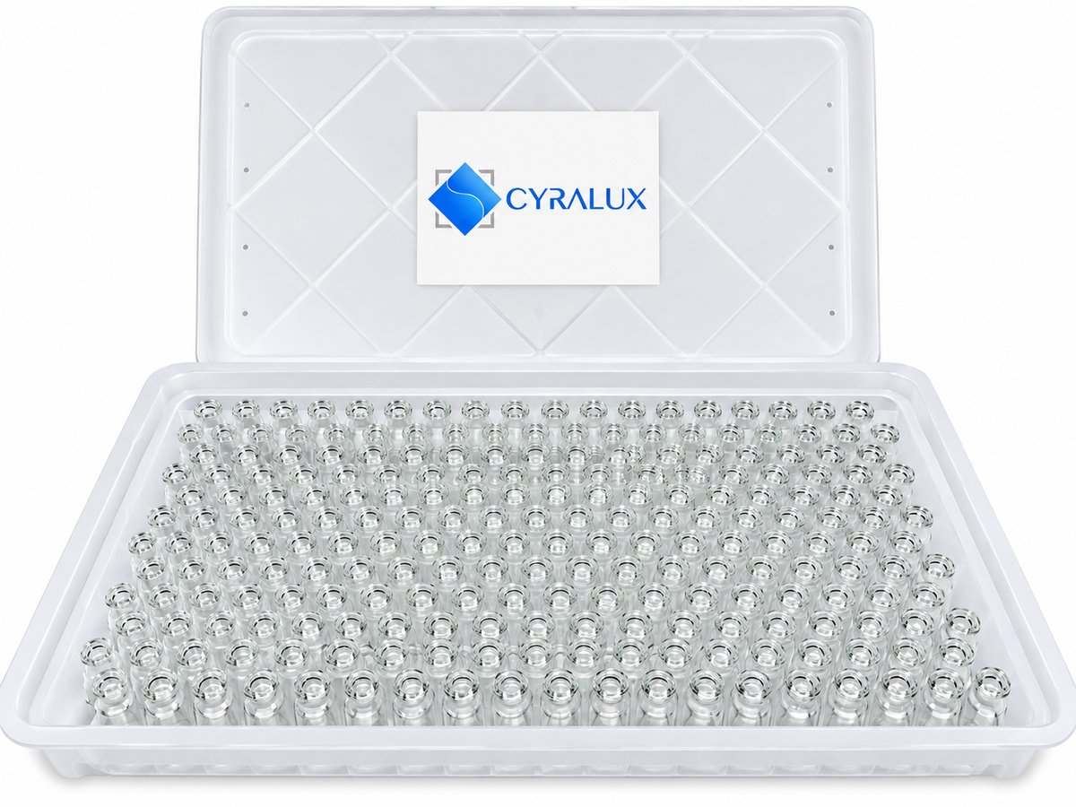 Cyralux 10R Clear Sterile Ready-to-Fill Glass Vials - Nested Tray of 96