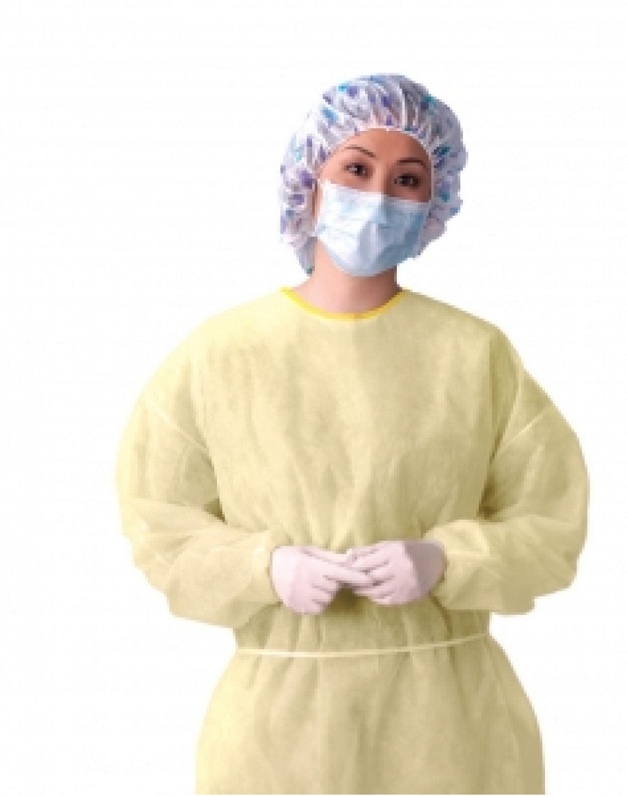 Dynarex Disposable Fluid-Resistant Isolation Gown, Yellow, Universal Size (fits most), Bag of 5