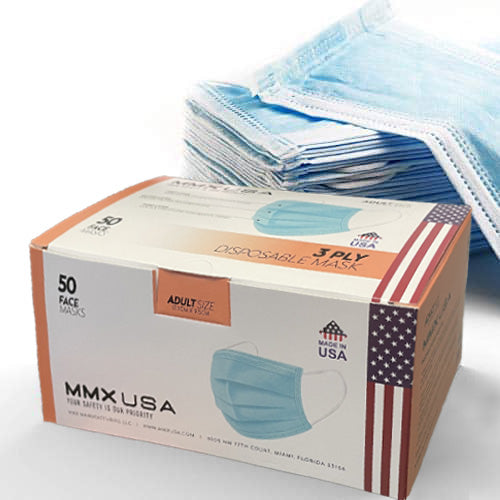 Made in USA, 3-Ply Disposable Face Mask by MMX Manufacturing, ASTM Level 3 Performance Proven in InterTek Labs Studies, Blue, Box of 50.