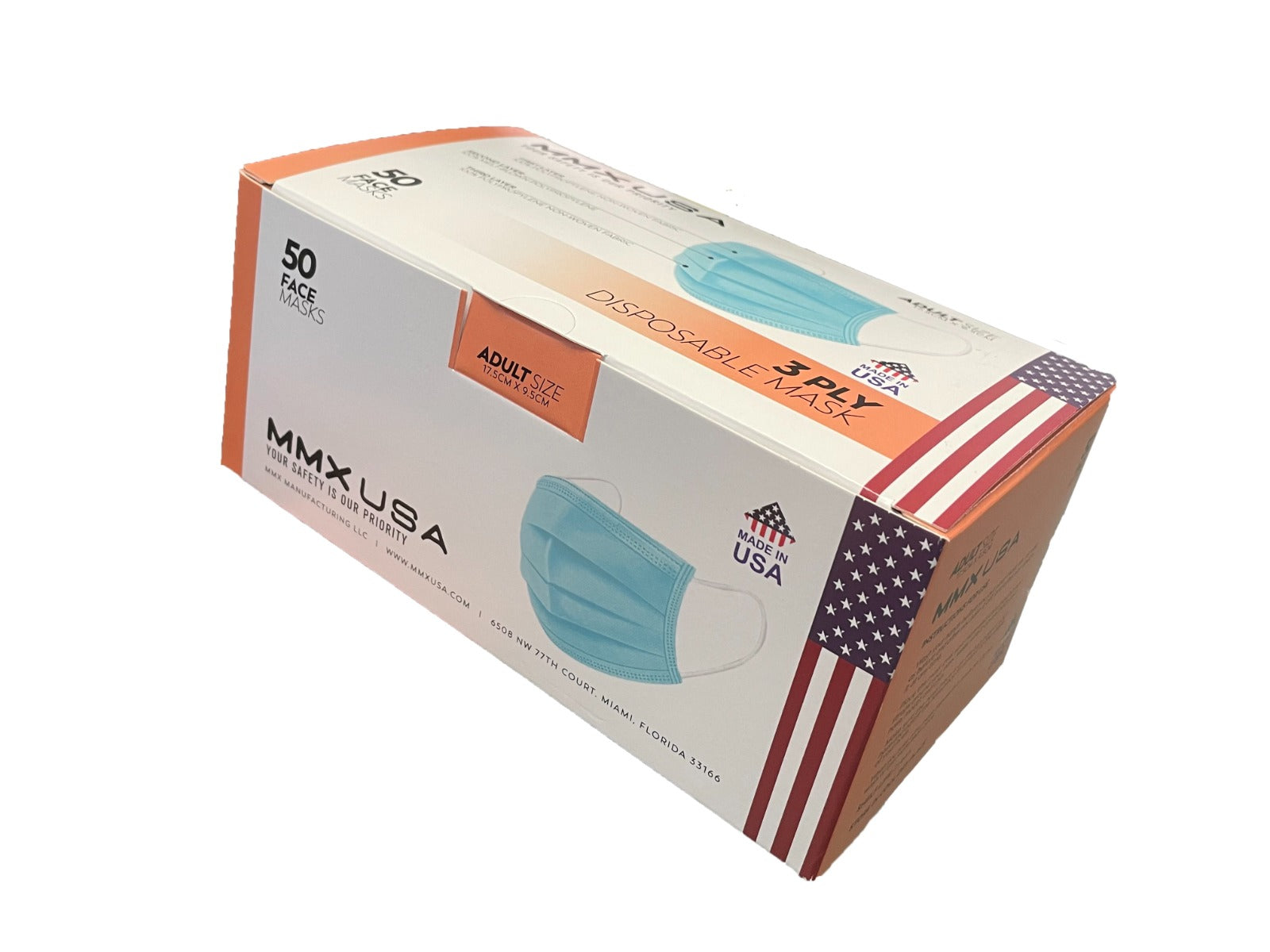 Made in USA, 3-Ply Disposable Face Mask by MMX Manufacturing, ASTM Level 3 Performance Proven in InterTek Labs Studies, Blue, Box of 50.