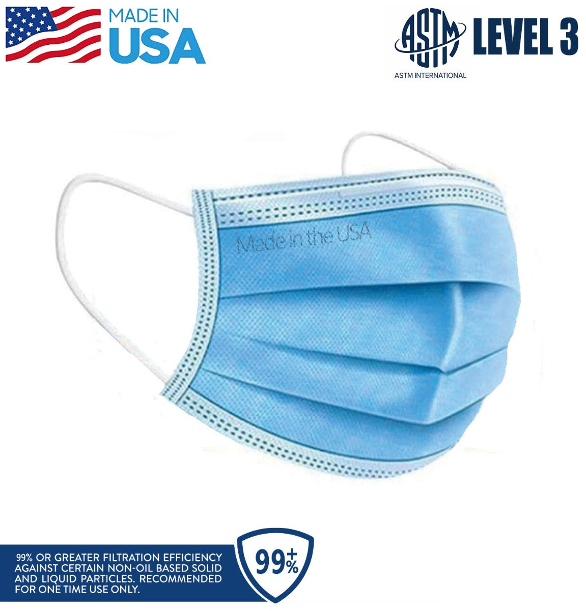 Made in USA, 3-Ply Disposable Face Mask by MMX Manufacturing, ASTM Level 3 Performance Proven in InterTek Labs Studies, Blue, Box of 50.