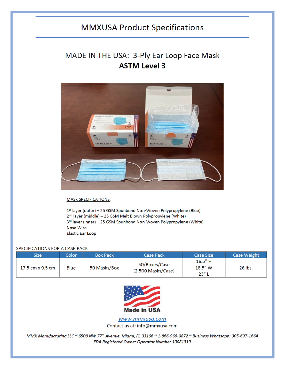 Made in USA, 3-Ply Disposable Face Mask by MMX Manufacturing, ASTM Level 3 Performance Proven in InterTek Labs Studies, Blue, Box of 50.