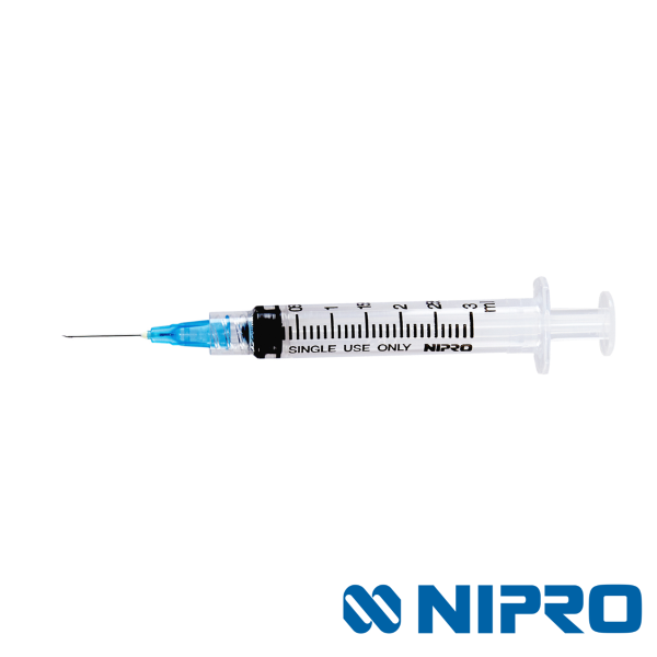 Nipro Luer Lock Syringe & Needle, 3cc x 23g x 1.5", BX 100