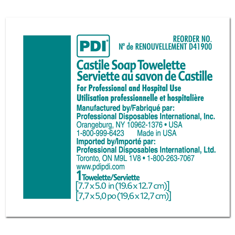 PDI Healthcare Castile Soap Towelette", 100 Individually Wrapped Wipes per Box