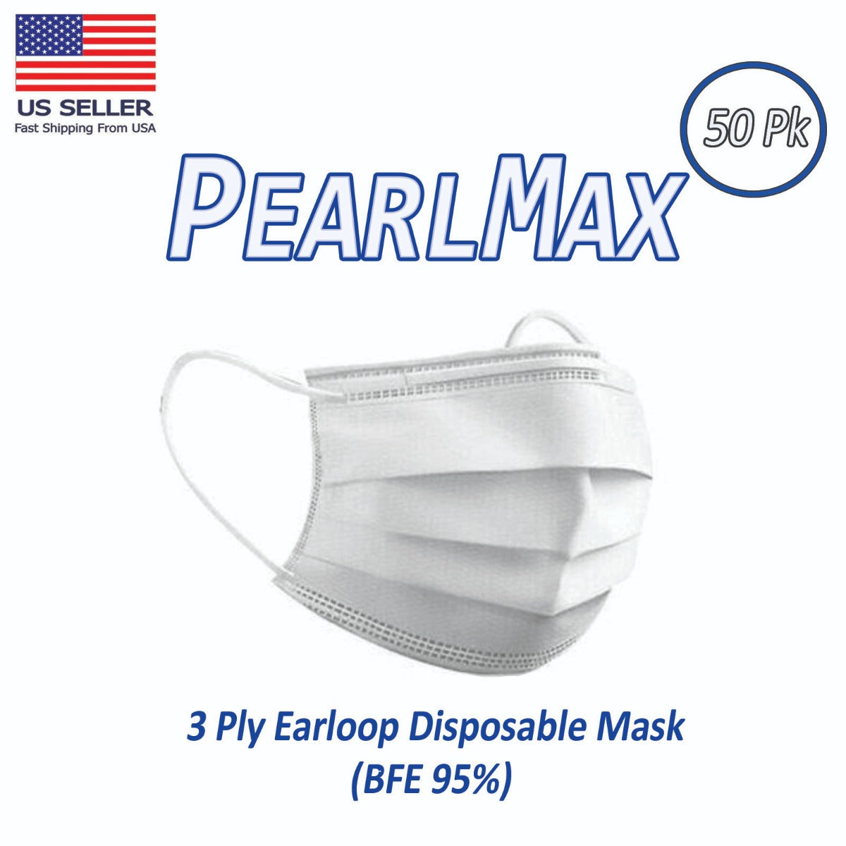 PearlMax 3 Ply Earloop Disposable Masks (BFE 95%)  Box of 50.