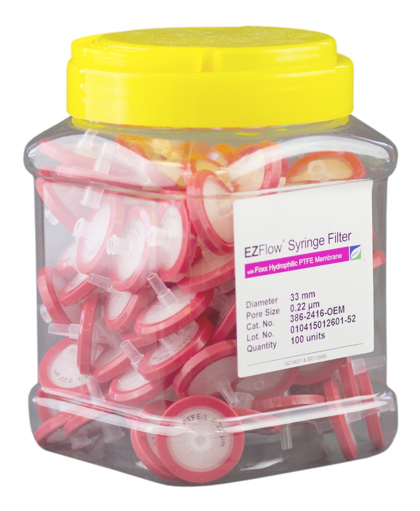 EZFlow Syringe Filter, Sample-Prep, Hydrophilic PTFE 0.2um, 33mm (Qty. 1)