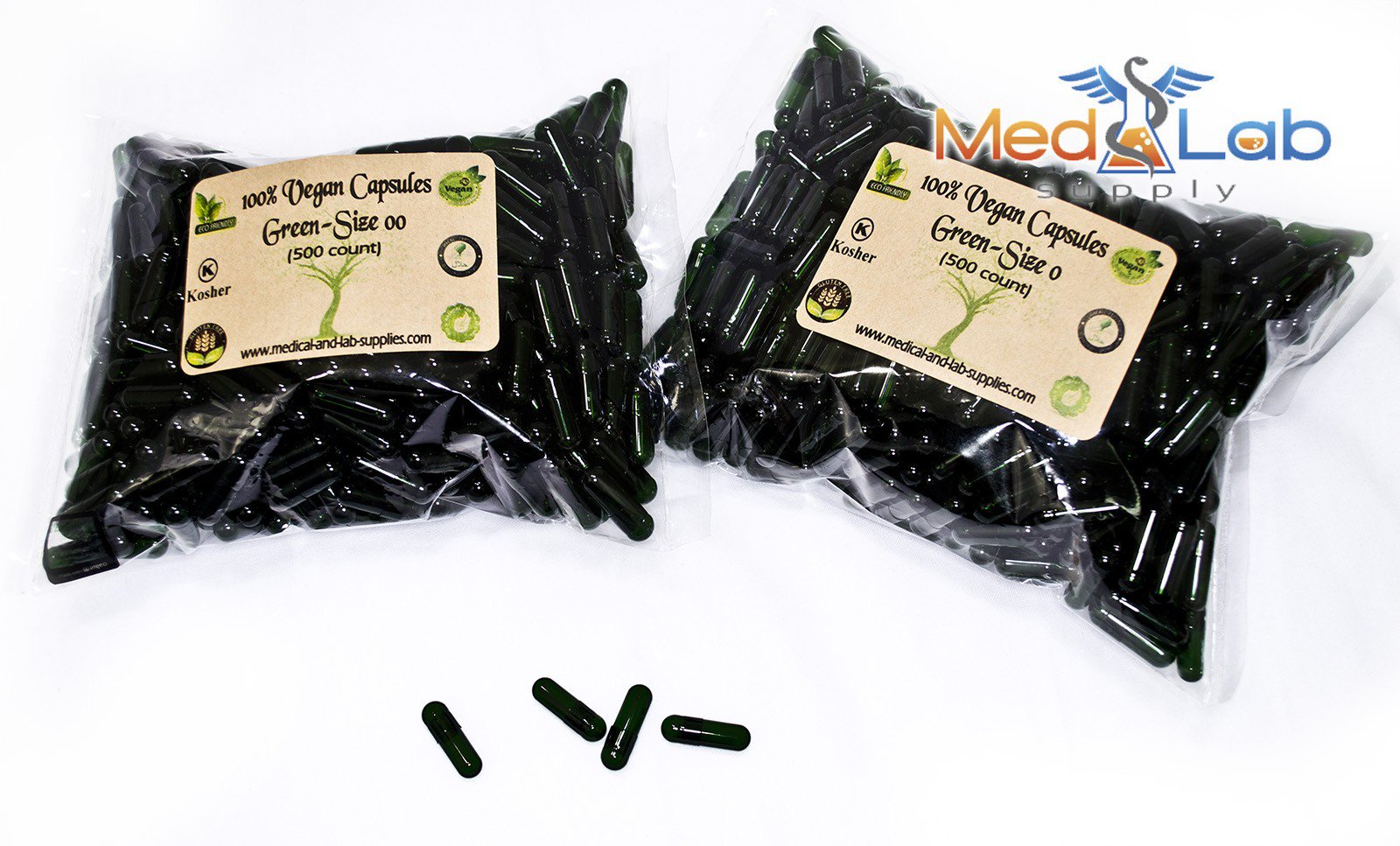 Empty Vegan Capsules Size 00, Green, Qty. 500, in Eco-friendly kit