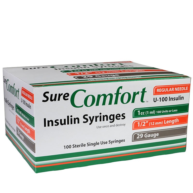 Sure Comfort Diabetic Insulin Syringes, Box of 100: 27g 28g, 29g 30g and 31g