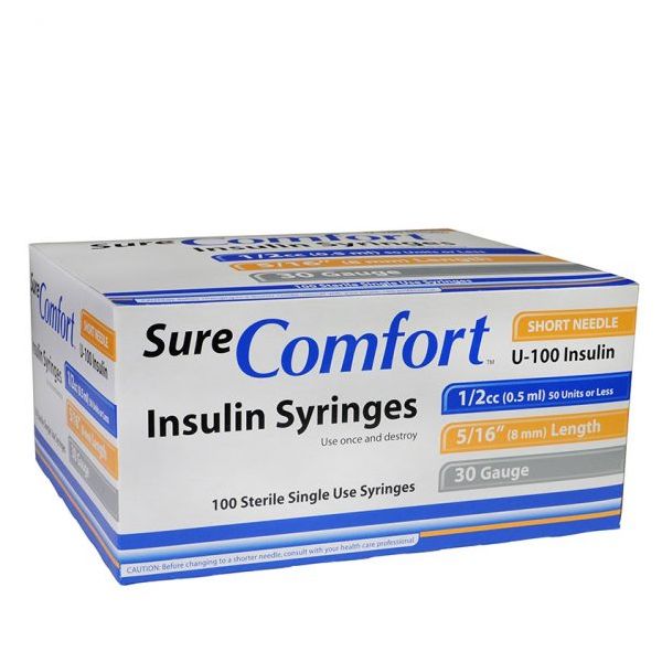SureComfort Insulin Syringe, 1/2cc x 30g x 5/16, Box of 100