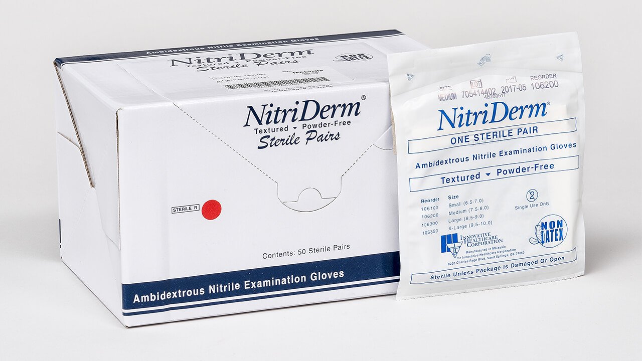 NitriDerm Sterile Nitrile Medical Exam Gloves, Powder-free, each pair individually sealed. Sizes: S, M, L, & XL