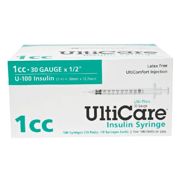 UltiCare Diabetic Syringes 1cc x 30g x1/2", Box of 100