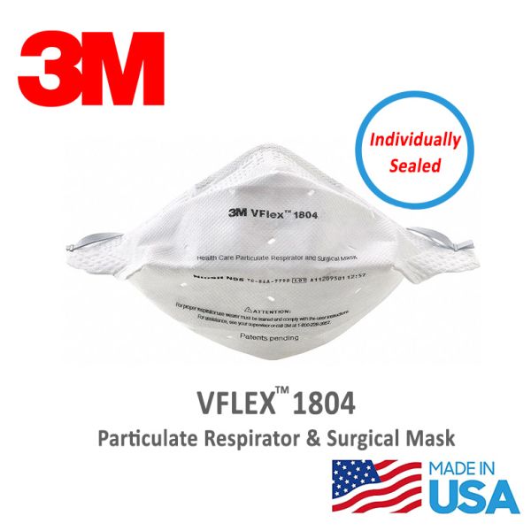 3M 1804 Vflex Niosh N95 Health Care Surgical Respirator. Individually Sealed. 99+% Filtration Efficiency.