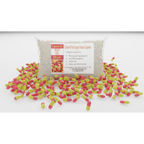 Yellow/Red Empty Gelatin Capsules, Size 00, Bag of 500