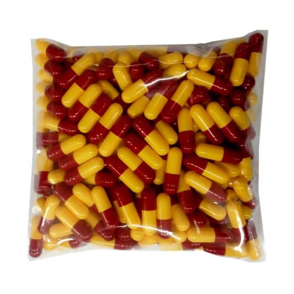 Yellow/Red Empty Gelatin Capsules, Size 00, 2500 in resealable pouch