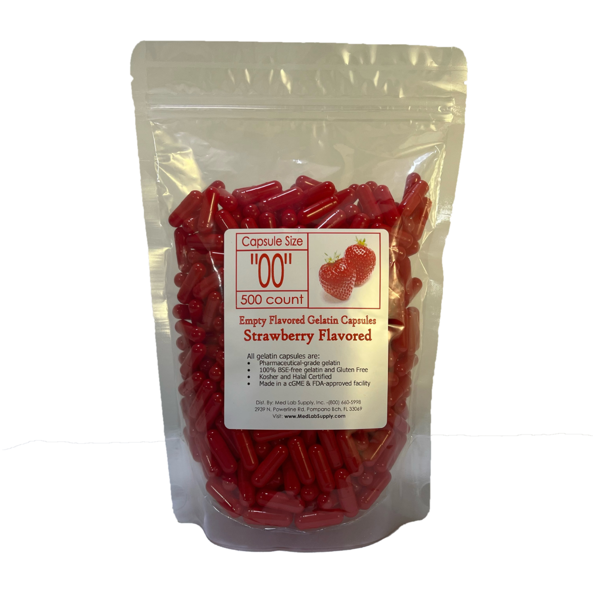 Strawberry Flavored Gelatin Capsules, Size 00 (Qty. 500)