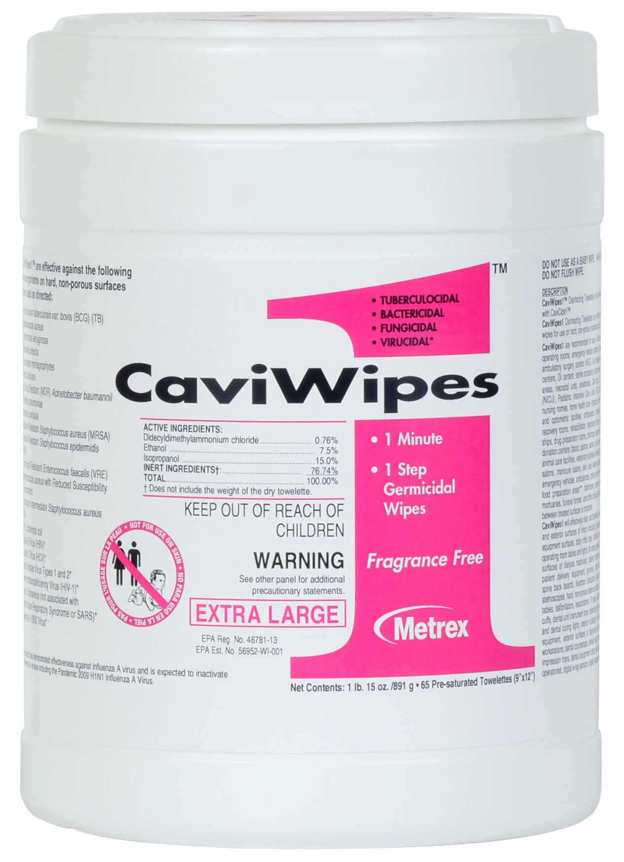 Cavicide CaviWipes XL Surface Wipes, 65/Canister