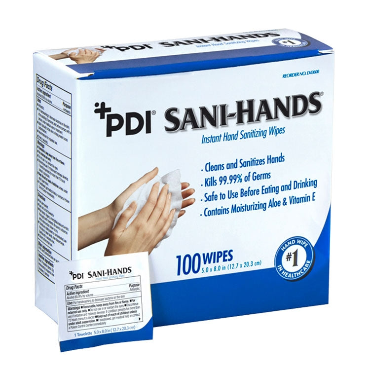 PDI Sani-Hands Instant Hand Sanitizing Wipes, 5" x 8", 100 Individually Wrapped Wipes per Box
