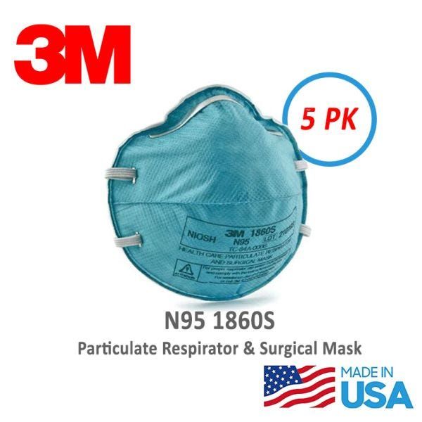 3M™ N95 1860 Health Care Surgical Respirator. 5-Pack. 99+% Filtration Efficiency. Size: Small