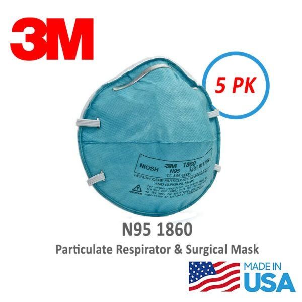 3M™ N95 1860 Health Care Surgical Respirator. 5-Pack. 99+% Filtration Efficiency. Size: Small