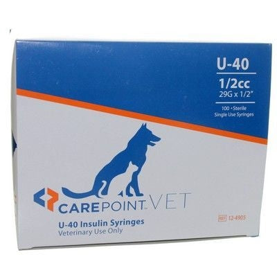 CarePoint Vet U-40 Pet Syringe 3/10cc x 29G x 1/2" w/Half Unit Marks, Box of 100ct