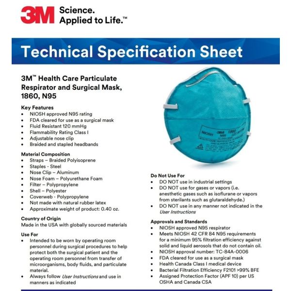 3M™ N95 1860 Health Care Surgical Respirator. 5-Pack. 99+% Filtration Efficiency. Size: Small