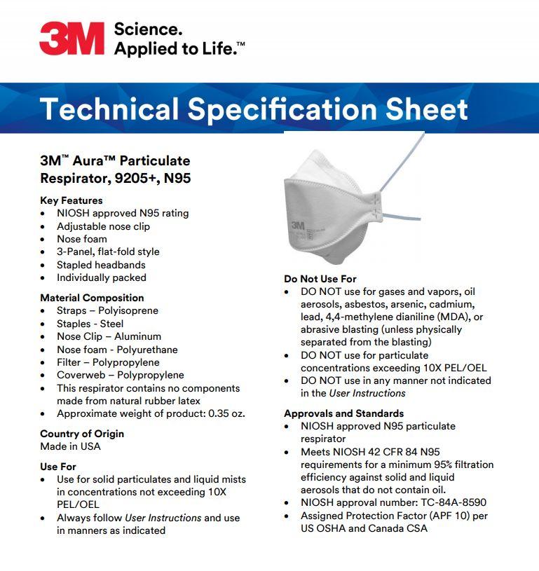 3M 9205+ Aura Niosh N95 Particulate Respirator.  99+% Filtration Efficiency.  Individually Sealed.