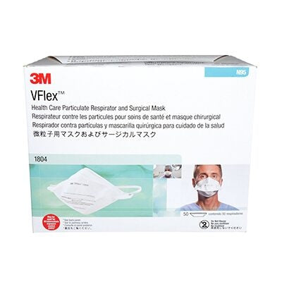 3M 1804 Vflex Niosh N95 Health Care Surgical Respirator. 99+% Filtration Efficiency. BX of 50. As low as $1.39 per mask.