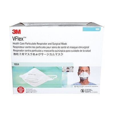 3M 1804 or 1804 Small VFlex NIOSH N95 Health Care Surgical Respirator.  99+% Filtration efficiency.  Medically rated.  Individually sealed.