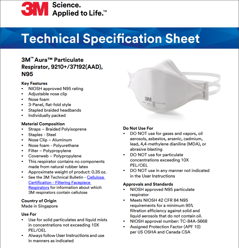 3M 9205+ Aura Niosh N95 Particulate Respirator.  99+% Filtration Efficiency.  Individually Sealed.