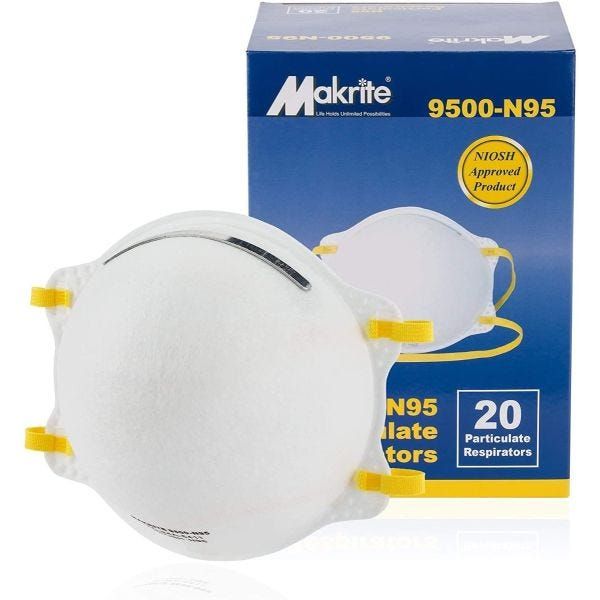 NIOSH Certified Makrite 9500-N95 Pre-Formed Cone Particulate Respirator Mask, Small or Regular, Box of 20