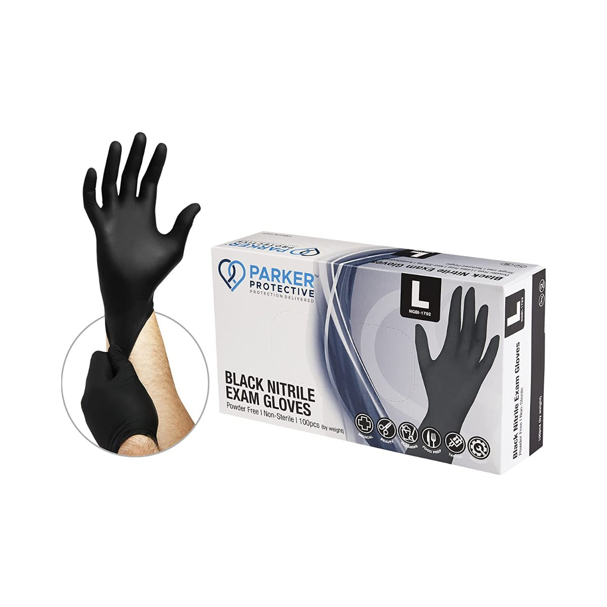 Parker Protective Nitrile Black Exam Gloves 3.5mil Box, Sizes: Small to X-Large