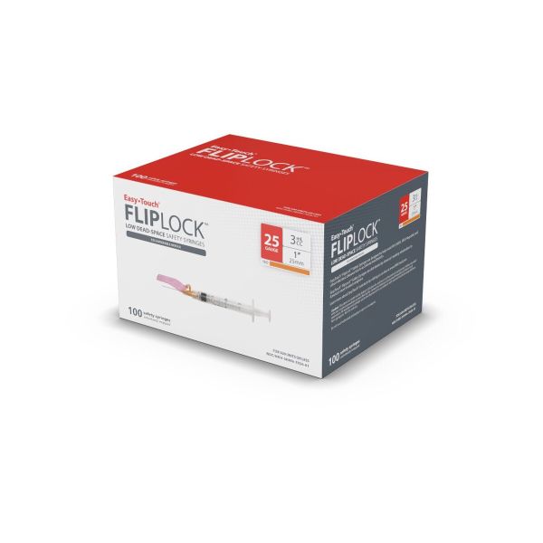 EasyTouch FlipLock Safety Syringes, 3cc x 25gx 1, Box of 100, 822561