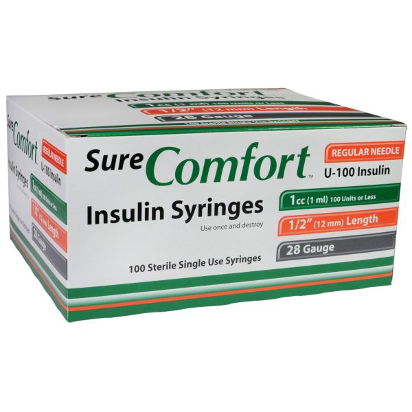 SureComfort Insulin Syringe, 1cc x 28g x 1/2, Box of 100