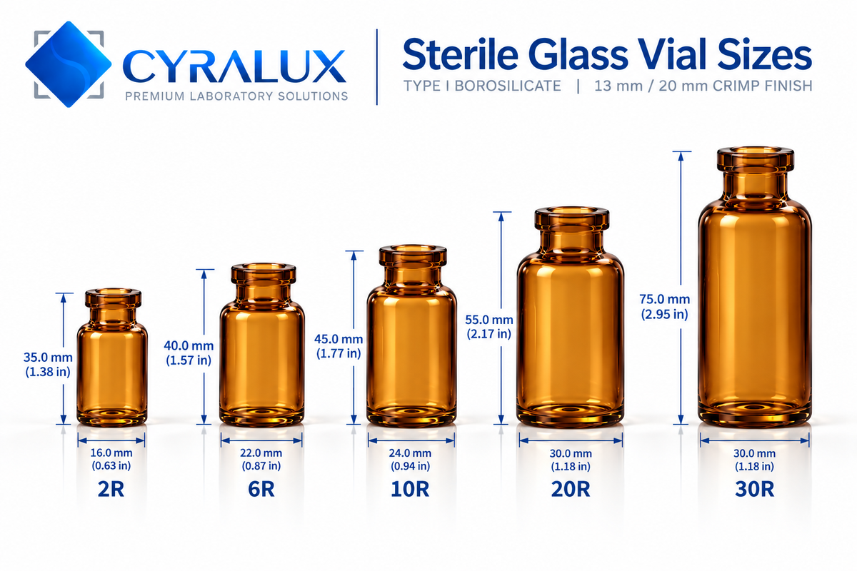 Amber Sterile Vials shows Sizes available with dimensions 