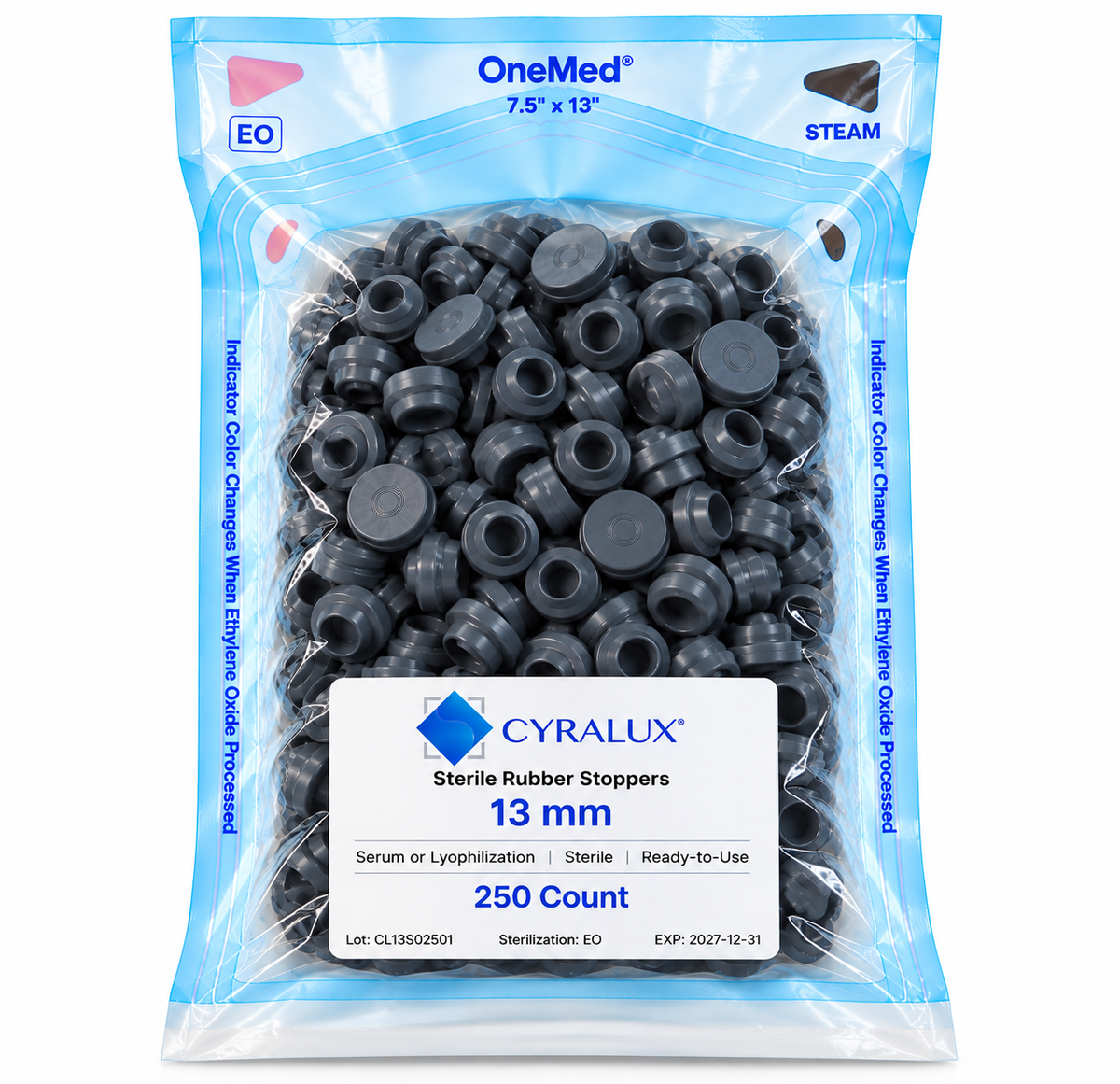 Cyralux 13 mm Sterile RTU Serum Stoppers  250-Count Bag