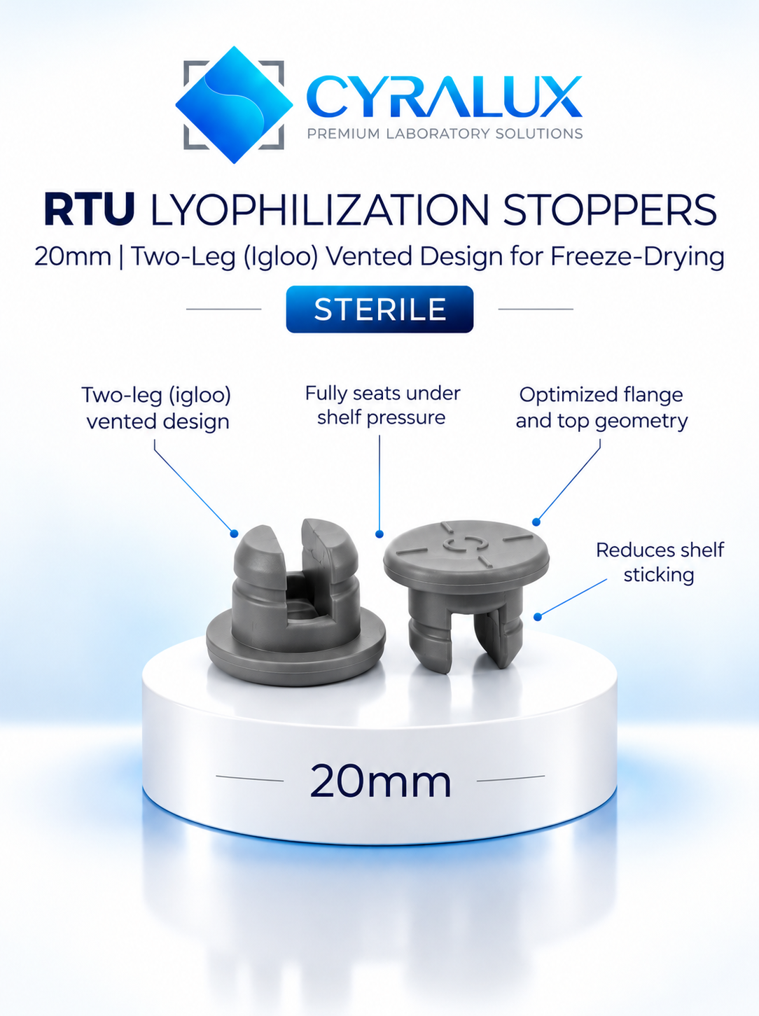 Cyralux 20mm Sterile RTU Bromobutyl Lyophilization Stoppers 